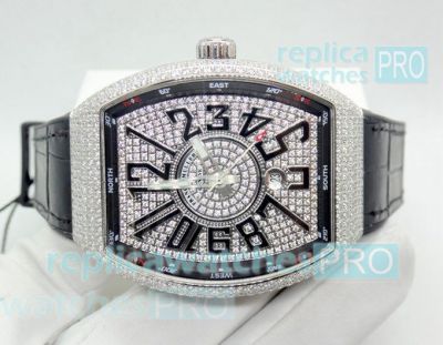 Copy Franck Muller Vanguard Silver Diamond Dial Black Leather Strap Watch